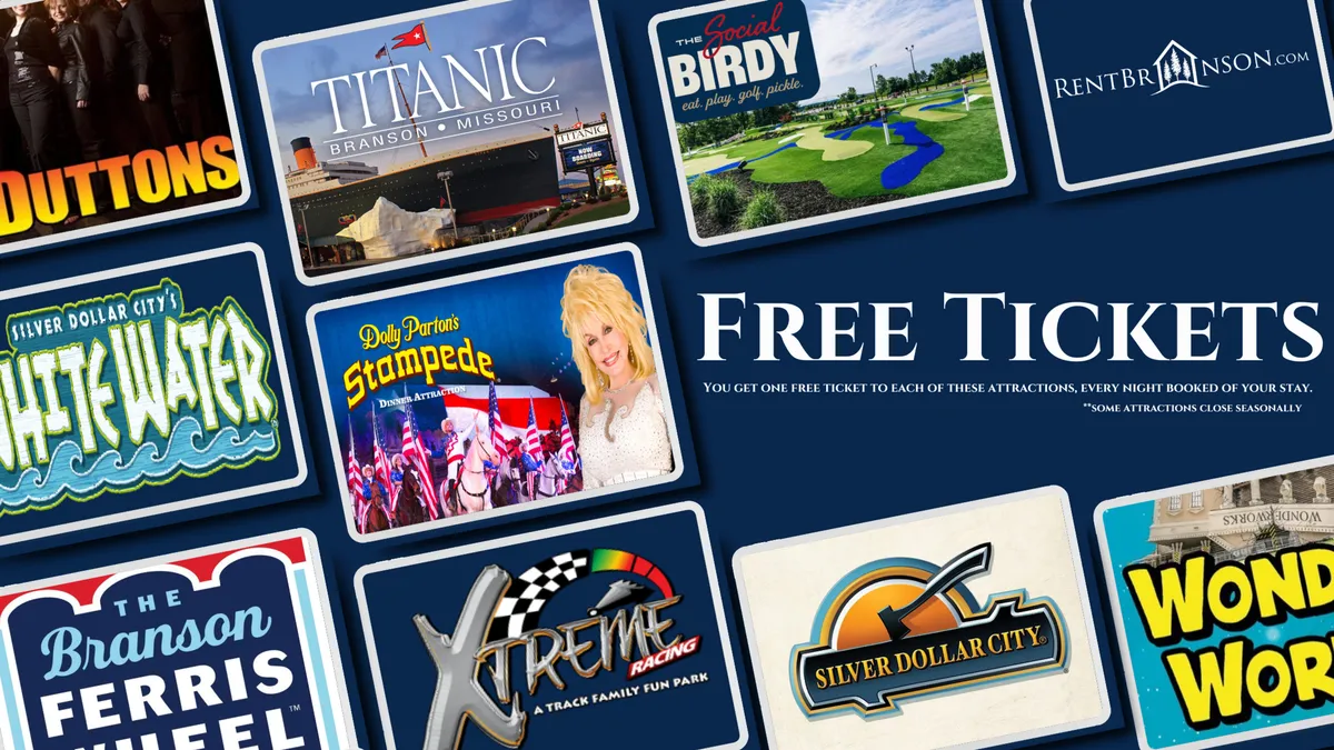 A bright and colorful collage featuring logos of local Branson attractions and the text 'Free Tickets'. This image evokes the excitement of exploring theme parks, live shows, and entertainment venues, symbolizing the variety of adventures available nearby.